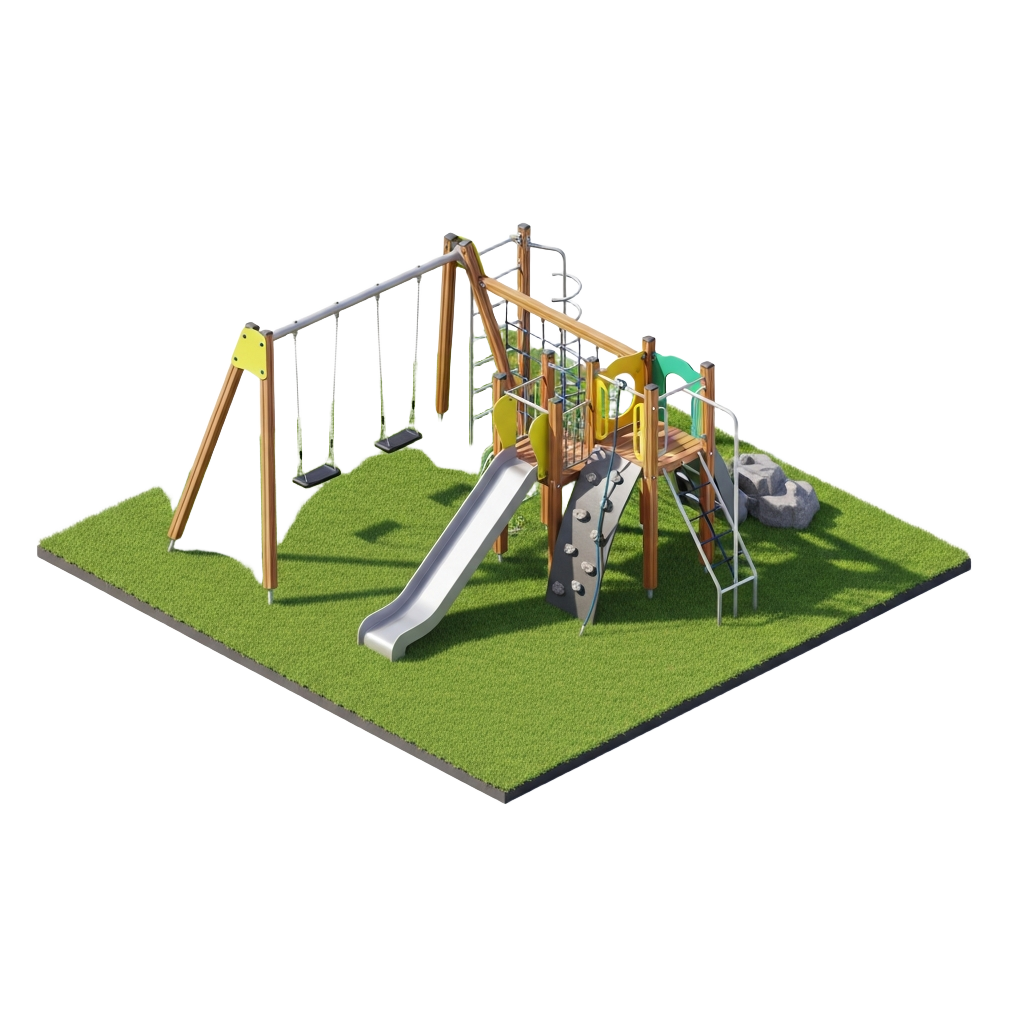 3D illustration of a small playset with mulch